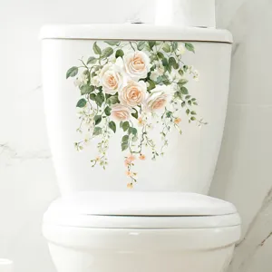 Detailed view of elegant cream rose toilet sticker with green leaves and vines