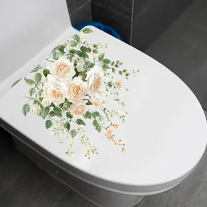 Detailed view of a waterproof floral toilet sticker featuring cream roses and vines