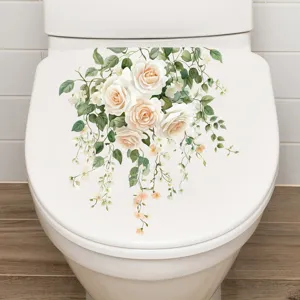 Waterproof floral toilet seat sticker decal with elegant white and peach rose vines