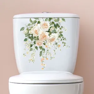 Waterproof floral wall sticker featuring elegant white roses and green vines on a toilet