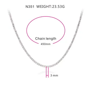 Detail view of 3mm round cubic zirconia tennis necklace showing 450mm length spec
