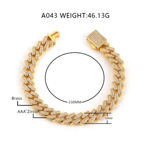 Detailed view of gold plated iced out Cuban link chain with 10mm width and measurements.