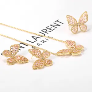 Mode Zirkonia Schmetterlingsflügel Schmuckset Kupfer Galvanisiert Halskette Ohrringe Ring Für Damen Elegantes Accessoire Geschenk