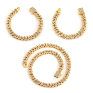 Iced Out Zirconia Cuban Link Chain Set For Men Women Hip Hop Jewelry Gold Silver Plated Brass Necklace Bracelet Anklet