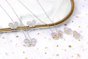 Detailansicht des eleganten Schmetterlings-Schmucksets mit bunten Zirkonsteinen