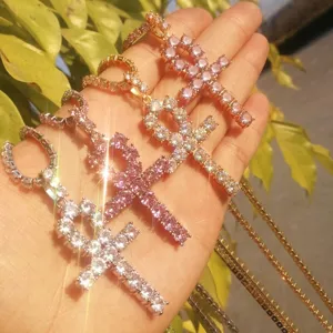 Stile Brasiliano Rame Strass Ankh Croce Ciondolo per Donna Oro Argento Placcato Gioielli Religiosi Senza Catena
