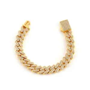 Iced out gold Cuban link bracelet with double row zircon stones for hip hop style