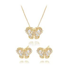 Mode Messing Schmetterling Schmuckset Funkelnde Zirkonia Eingelegt Ohrstecker Und Anhänger Halskette Für Damen Eleganter Ins Stil Hypoallergen Gold Silber Zubehör