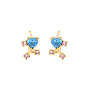 Exquisite vergoldete Ohrstecker mit blauen Herz-Zirkonia und kleinen rosa Steinen