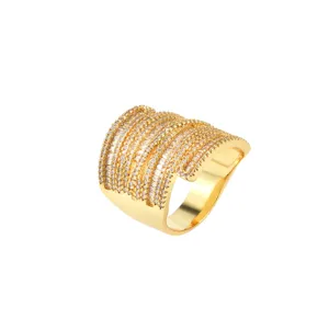 Elegante gouden gelaagde hiphop-ring bezet met heldere zirkonia-stenen voor dames