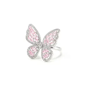 Eleganter silberner Schmetterlingsring mit rosa Zirkonia-Mikropflaster.