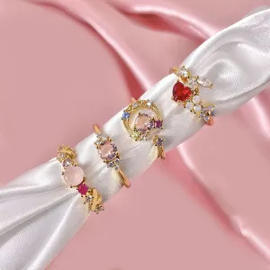 Koreanischer Stil Kupfer Echtgold beschichtet Ring Bunter Zirkonia Offener Verstellbarer Fingerring Minimalistischer Schmuck Geschenk für Damen