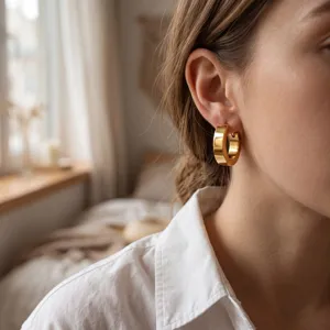 Close-up of thick gold hoop earrings worn on ear, showcasing polished metallic shine and design.