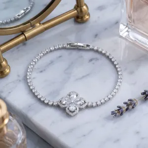 Exquisite four-leaf clover tennis bracelet detail shot, luxury style minimalist wrist jewelry.