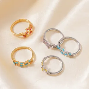 Vintage Copper Zirconia Leaf Open Ring For Women Elegant Adjustable Finger Ring Fashion Jewelry Party Gift