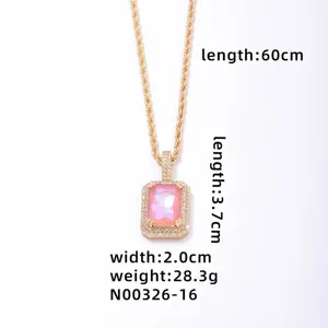 Detailed view of fluorescent pink square zircon necklace with dimensions and weight info