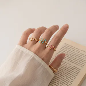 Colorful cubic zirconia leaf gold rings set open adjustable fashion finger jewelry for women