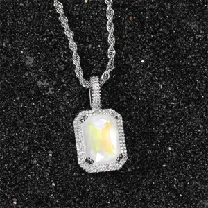 Luxury copper pendant necklace with fluorescent square zircon and rope chain