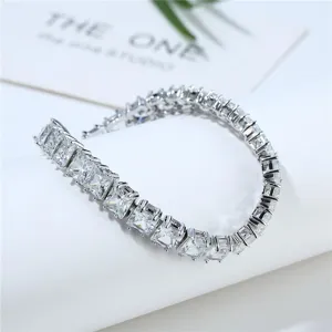 Detailed view of the princess-cut cubic zirconia stones on the silver tennis bracelet