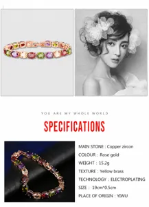 Detailansicht des bunten Zirkon-Armbands mit Roségold-Beschichtung und Produktdaten