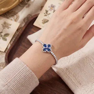 Elegant four leaf clover crystal bracelet for women, minimalist luxury silver hand chain jewelry