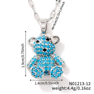 Blue Zircon Pavé Teddy Bear Pendant Necklace Sparkly Crystal Copper Jewelry Gift For Women