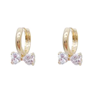 Elegant gold-plated hoop earrings featuring sparkling heart-shaped cubic zirconia bow design.