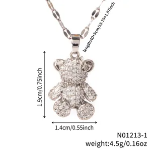 Silver micro-set zircon teddy bear pendant necklace with delicate chain, 40+5cm length.