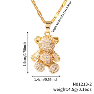 Gold-plated pave cubic zirconia teddy bear pendant necklace sparkling luxury jewelry detail