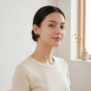 Close-up detail shot of minimalist dark small hoop earrings worn by a model in lifestyle view.