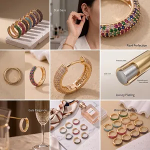 Pendientes de aro de lujo chapados en oro de 18k con pavé de circonitas de colores