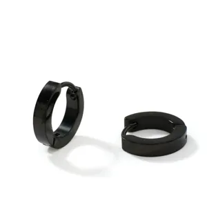 Close-up detail shot of minimalist black hoop earrings, highlighting smooth polished metal finish.