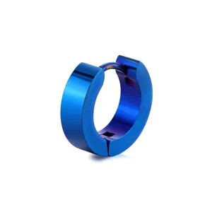 Close-up of blue polished titanium steel hoop earring, minimalist unisex piercing jewelry.