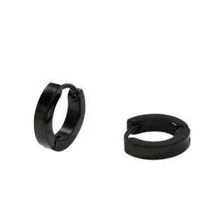 Trendy mirror polished black hoop earrings for men and women, classic titanium steel design.