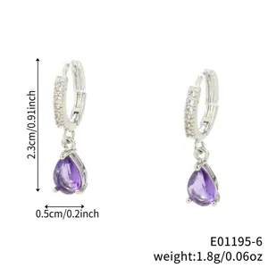Eleganti orecchini a cerchio in zircone a goccia viola, finitura argento, design da 1,8g