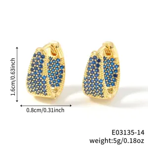 Detailed view of U-shaped hoop earrings with blue zirconia stones and size measurements