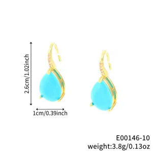 Gold-plated drop zirconia earrings with blue waterdrop stones, elegant fashion jewelry accessory.