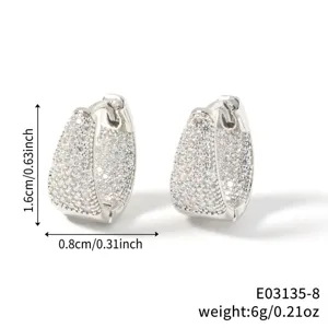 Close-up of silver U-shaped hoop earrings with clear CZ and dimension markings.