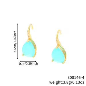 Gold-plated drop earrings with light blue teardrop stones and sparkling paved cubic zirconia hooks.