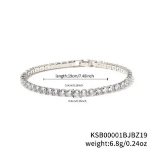 Detailed view of silver-toned copper tennis bracelet with 19cm length and zirconia stones.
