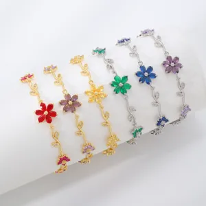 Magnifique bracelet fleur vigne en zircon coloré, bijou en cuivre élégant style chic.