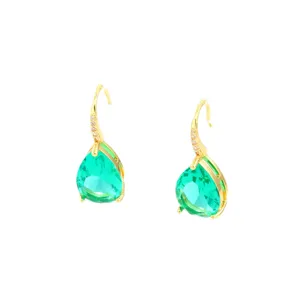 Elegant teardrop green zircon earrings featuring gold-plated setting and pave crystals.