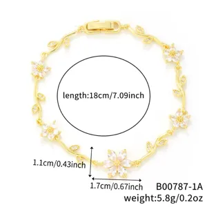 Bracelet floral doré orné de breloques en zircone et fermoir ajustable, longueur de 18 cm