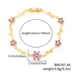 Bracelet élégant en or avec pétales de fleurs en zircon violet et motif branche, 18 cm