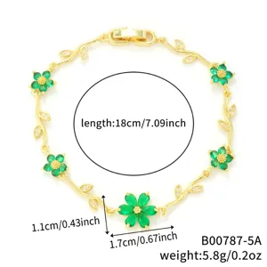 Bracelet floral doré avec pétales en zircon vert, longueur 18 cm et poids de 5,8 g
