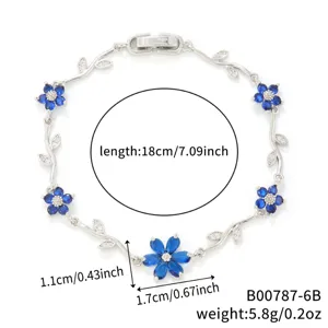 Bracelet élégant en cuivre avec pétales de fleurs en zircone bleue, longueur 18 cm