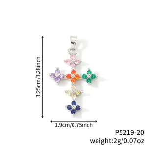 Detailed view of a multi-colored zircon cross pendant with precise size measurements