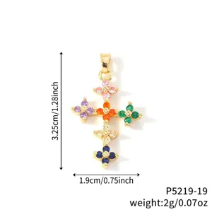 Detailed view of colorful CZ clover cross pendant with size and weight specs