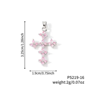Detailed view of pink zirconia cross clover pendant showing precise product dimensions