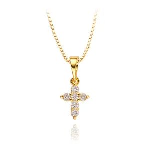 Detailed close-up of a vintage gold cross pendant necklace with shimmering crystals.